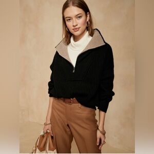Banana Republic wool cashmere blend chunky rib 1/2 zip Black tan Sweater S-M